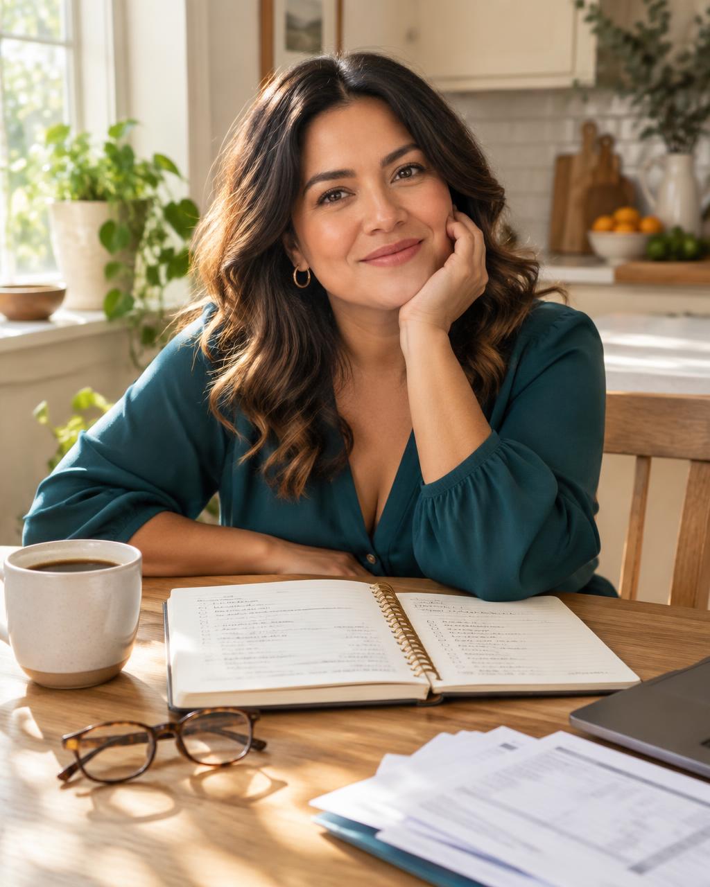 A woman planning her family finances at a sunlit kitchen table